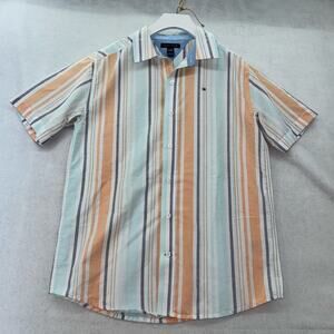 NWT Tommy Hilfiger Short Sleeve Button Down Shirt Cantaloupe Striped Large 14/16